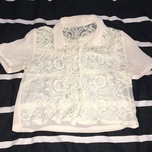 Cooperative sheer cream cropped short-sleeved blouse